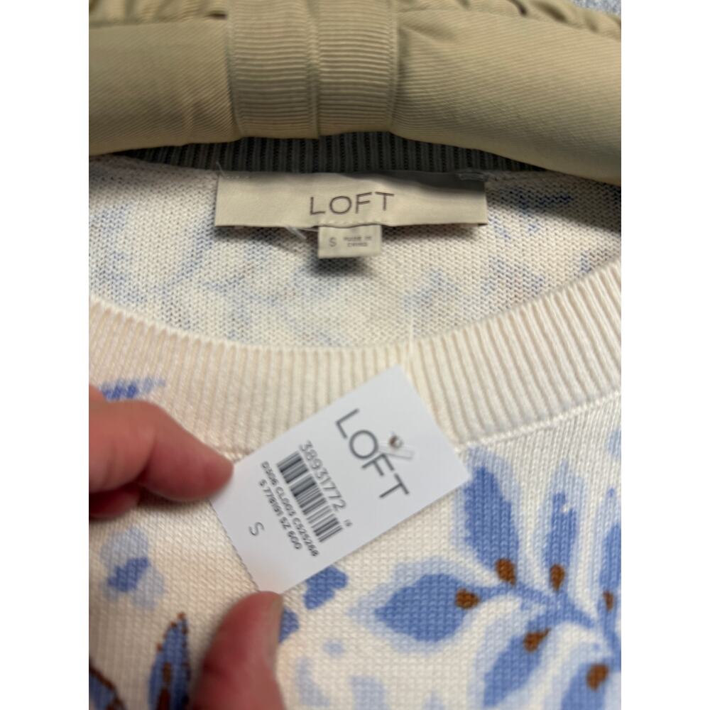 NEW WITH TAGS Loft Floral Refined Wedge Sweater Tee Ivory Brown Blue Size Small - Picture 4 of 8